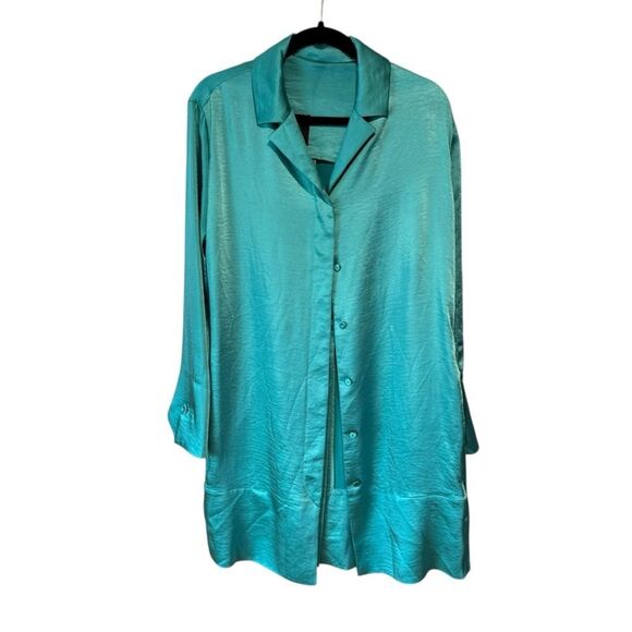 Bevza Teal Satin Button-Up Shirt - Picture 3 of 8